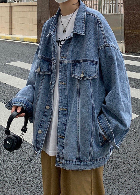 Button Denim New Collar Pan Peter Coat Spring Blue Men Pockets