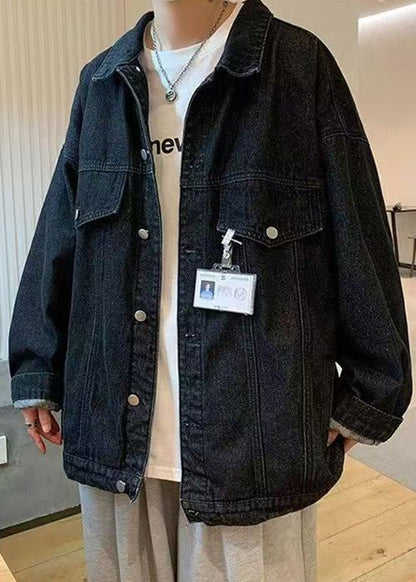 Button Denim New Collar Pan Peter Coat Spring Blue Men Pockets