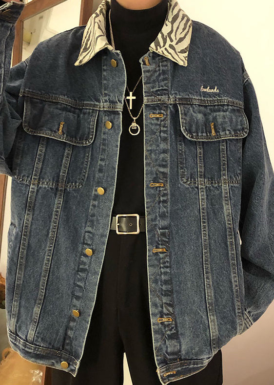 Spring Denim Blue Pan Coat Peter Pockets Mens Collar TC047 New