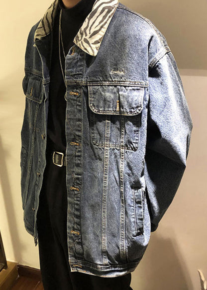 Spring Denim Blue Pan Coat Peter Pockets Mens Collar TC047 New