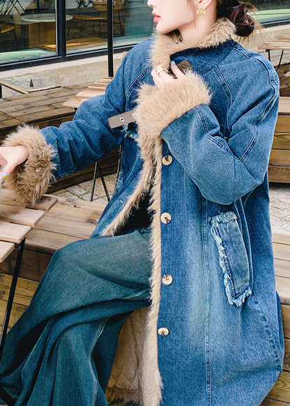 New Blue Pockets Faux Fur Patchwork Fine Cotton Filled Denim Coat Winter YF005