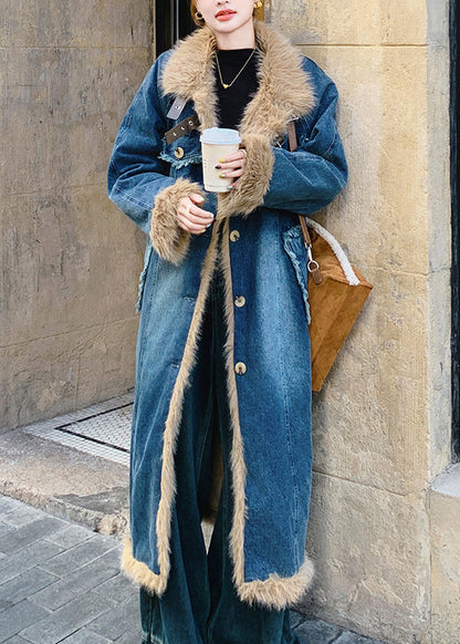 New Blue Pockets Faux Fur Patchwork Fine Cotton Filled Denim Coat Winter YF005