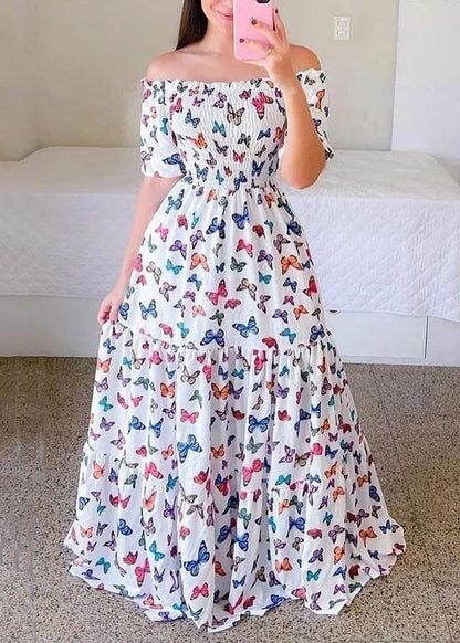 New Blue Ruffled Print Cotton Long Dress Summer WW1061