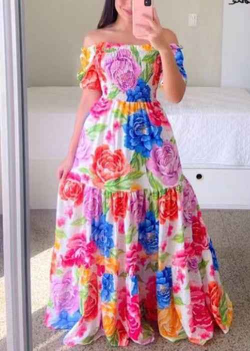 New Blue Ruffled Print Cotton Long Dress Summer WW1061