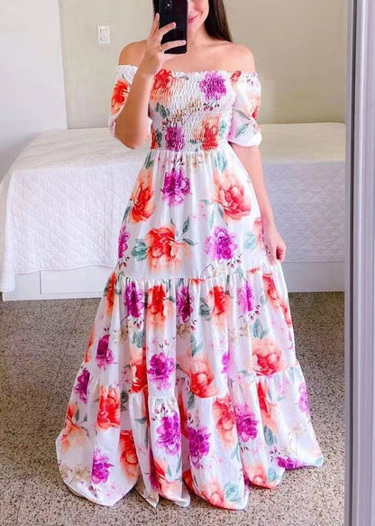 New Blue Ruffled Print Cotton Long Dress Summer WW1061