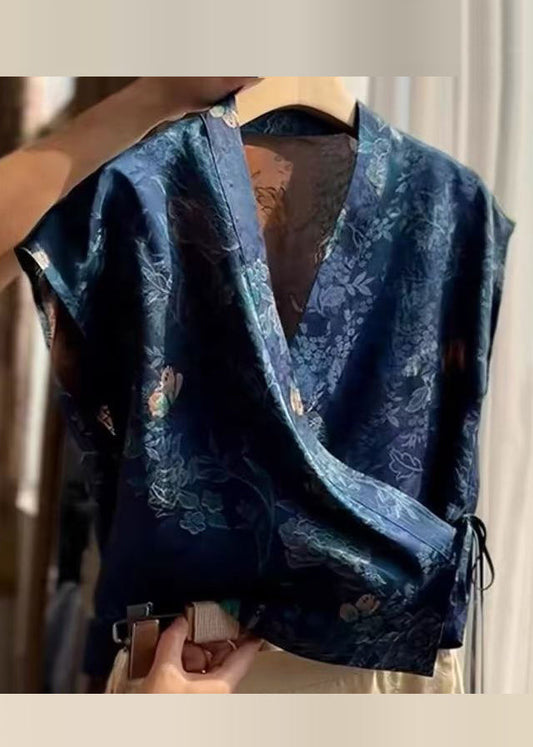 V Shirt Blue Lace Up Summer Silk Neck Print New