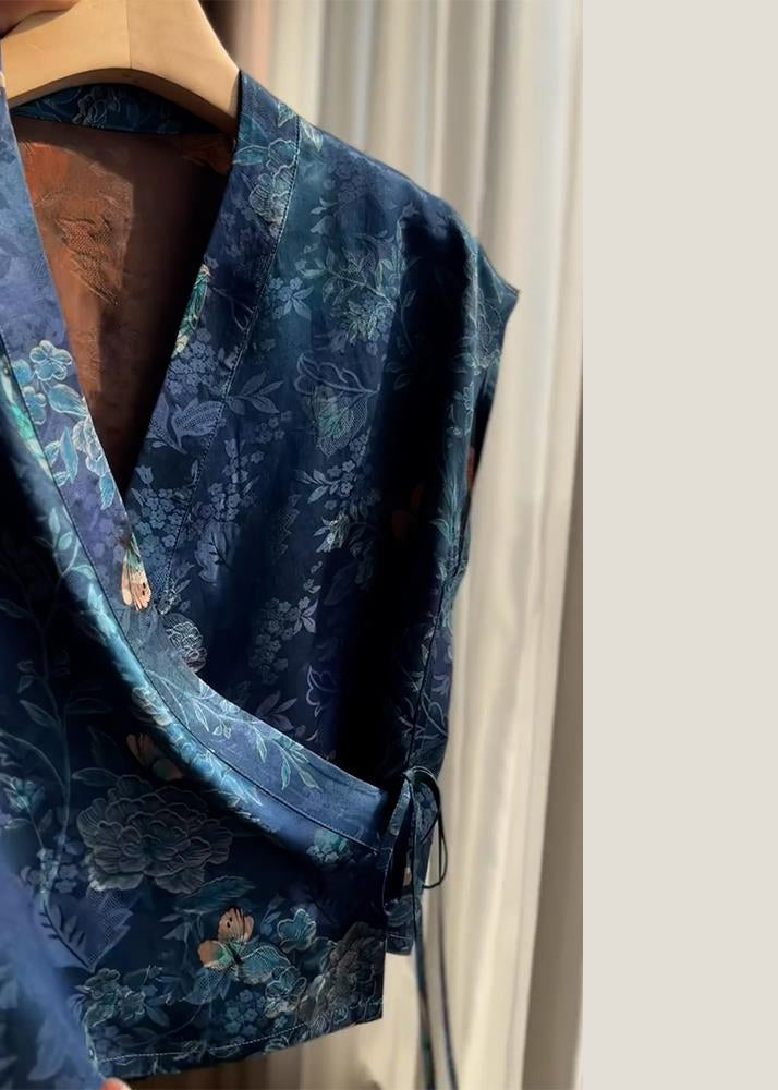 V Shirt Blue Lace Up Summer Silk Neck Print New