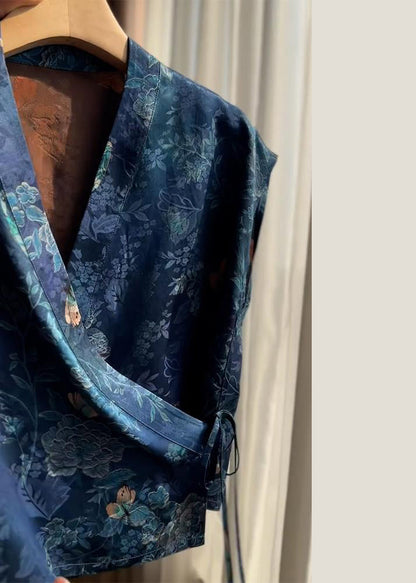 V Shirt Blue Lace Up Summer Silk Neck Print New