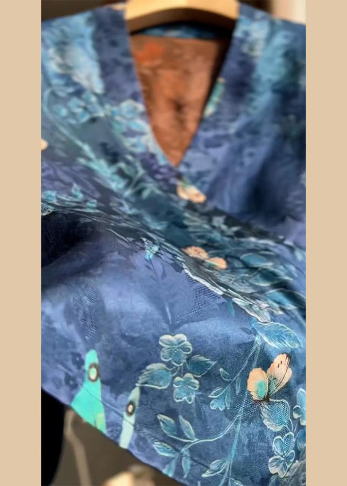 V Shirt Blue Lace Up Summer Silk Neck Print New