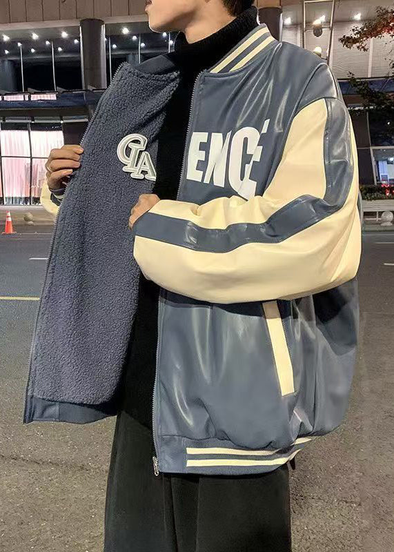 Coat Wear TC005 On Faux Patchwork Leather Thick Both Sides Mens New Blue Spring