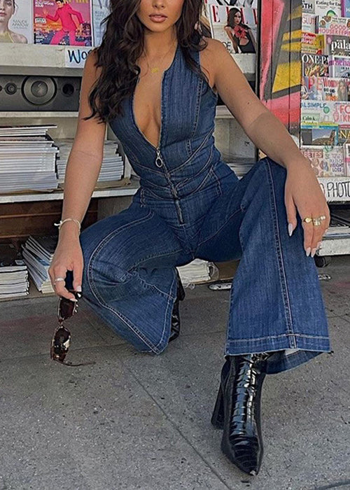 Sleeveless Zip Backless Jumpsuit Up Denim New Blue