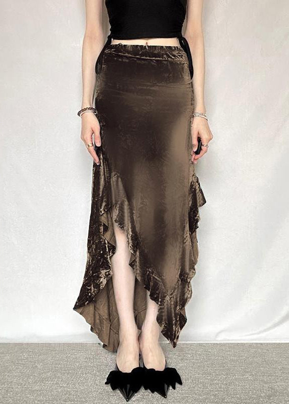 New Elastic Silk Summer Waist Velvet Skirt Brown Asymmetrical