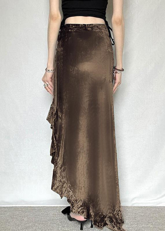 New Elastic Silk Summer Waist Velvet Skirt Brown Asymmetrical