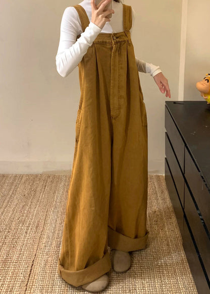 Denim Button Sleeveless Brown New Solid Jumpsuits