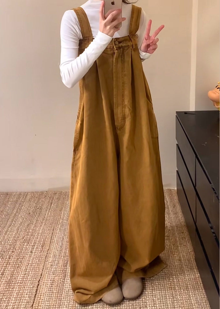 Denim Button Sleeveless Brown New Solid Jumpsuits