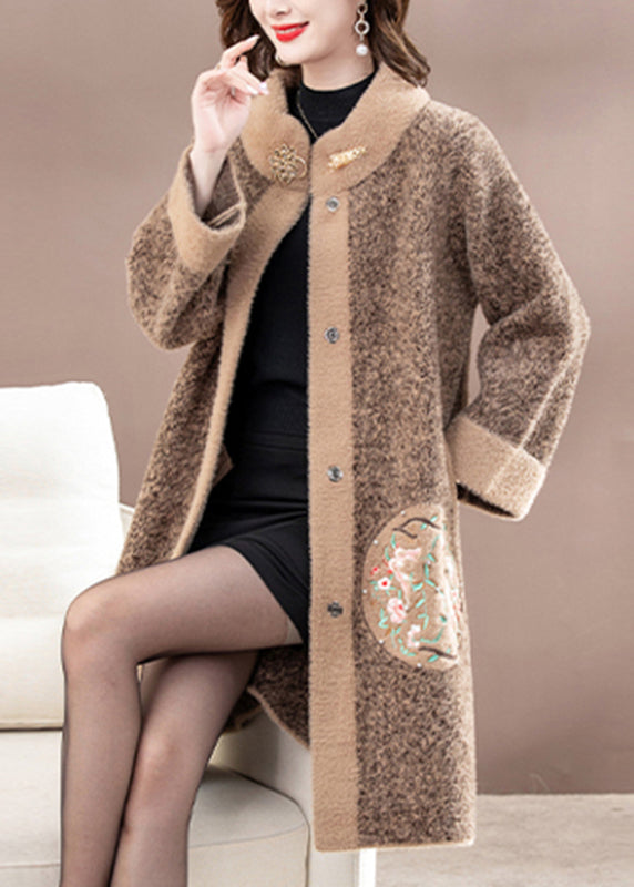 New Brown Patchwork Button Mink Velvet Woolen Coats Spring TA037