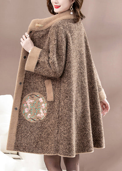 New Brown Patchwork Button Mink Velvet Woolen Coats Spring TA037