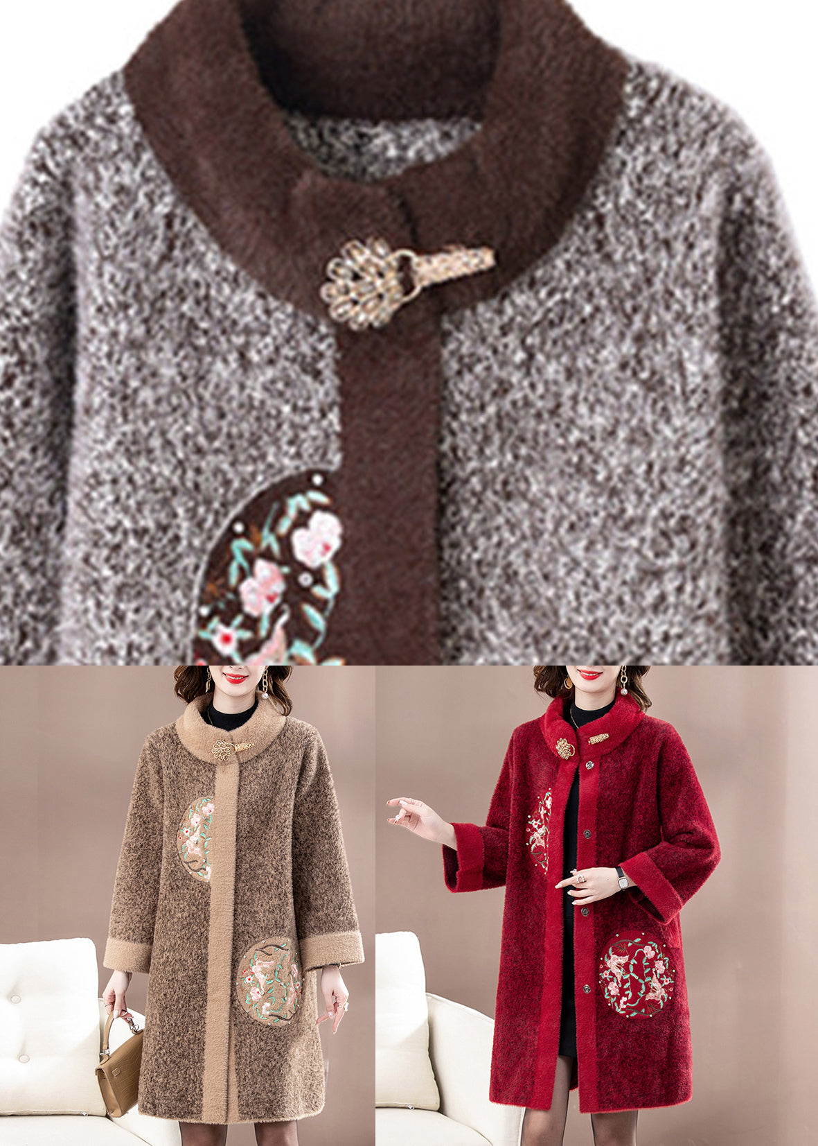 New Brown Patchwork Button Mink Velvet Woolen Coats Spring TA037