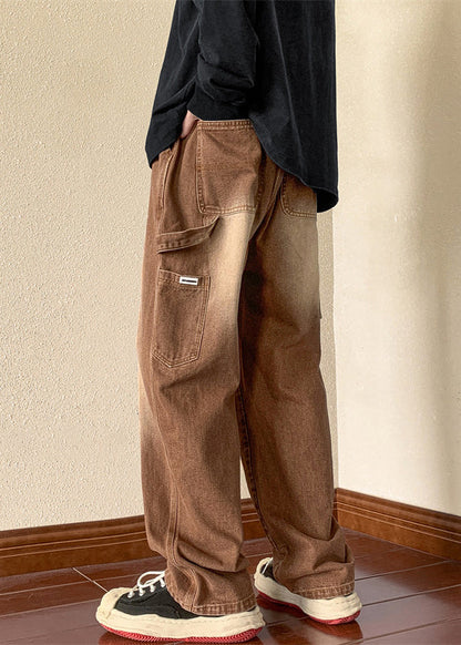 Denim New Spring Men Brown Waist Pants Pockets Elastic