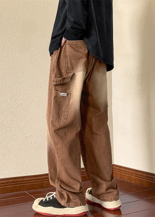 Denim New Spring Men Brown Waist Pants Pockets Elastic