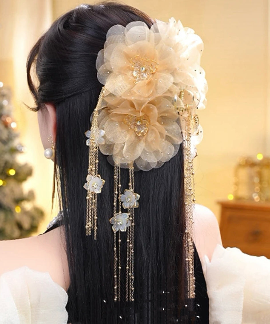 Tulle Hairpin New Butterfly Floral Tassel Zircon Champagne