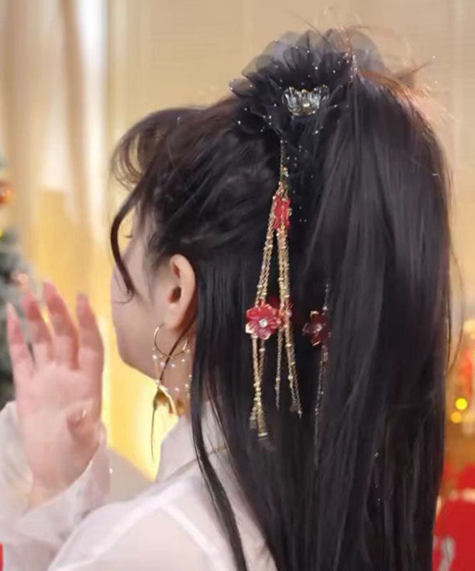 Tulle Hairpin New Butterfly Floral Tassel Zircon Champagne