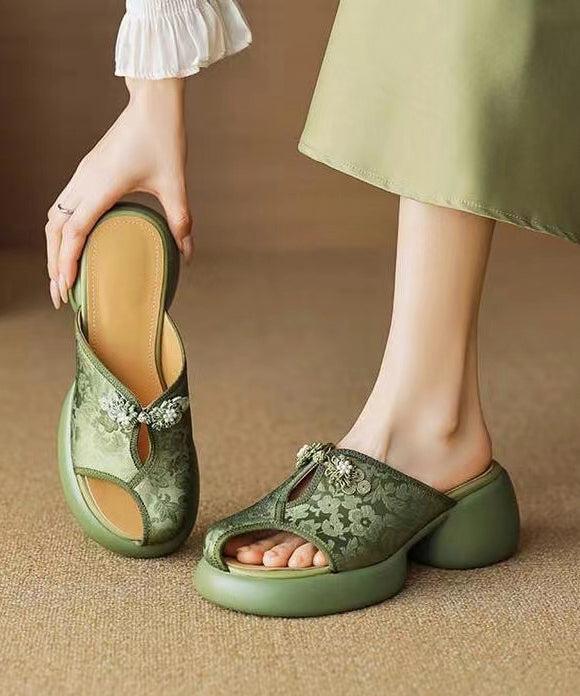 New Chinese Style Green Embroidered Chunky Heel Slide Sandals KJ032