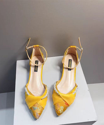 Chunky Pearl Pointed Embroidered Sandals New Heel Chinese Yellow