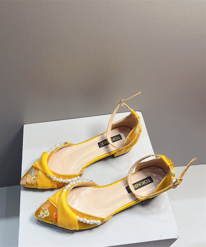 Chunky Pearl Pointed Embroidered Sandals New Heel Chinese Yellow