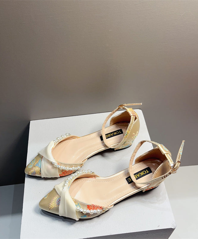 Chunky Pearl Pointed Embroidered Sandals New Heel Chinese Yellow