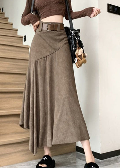 New Line Summer Coffee Asymmetrical A Skirts Wrinkled
