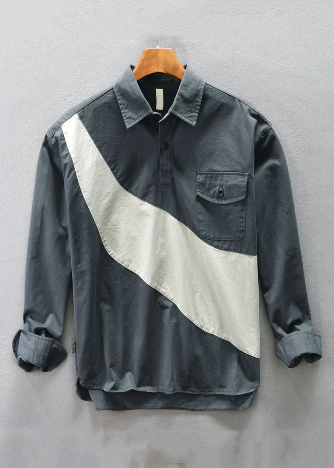 TC031 Cotton Spring Coffee Polo Shirts Mens Button Patchwork New