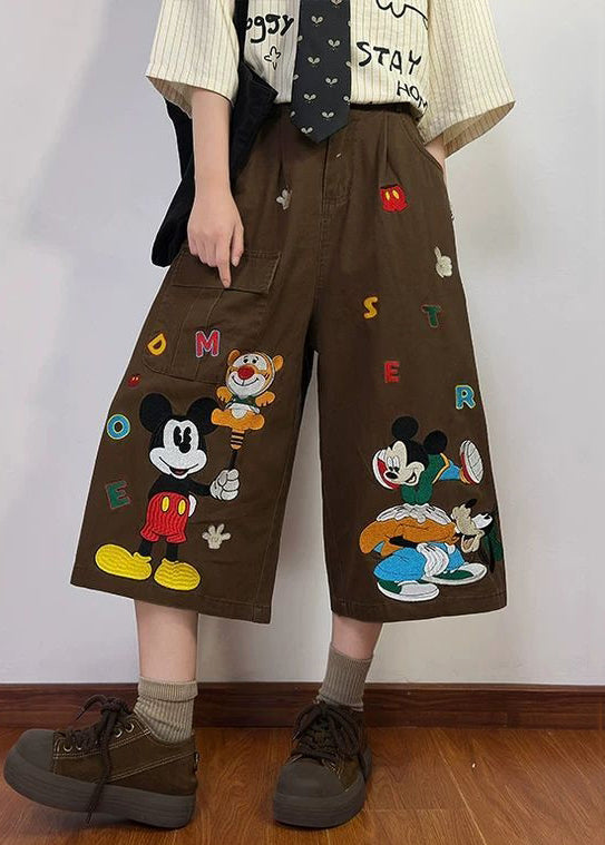 Print Summer New Coffee Pants Mens Denim Crop Cartoon Pockets