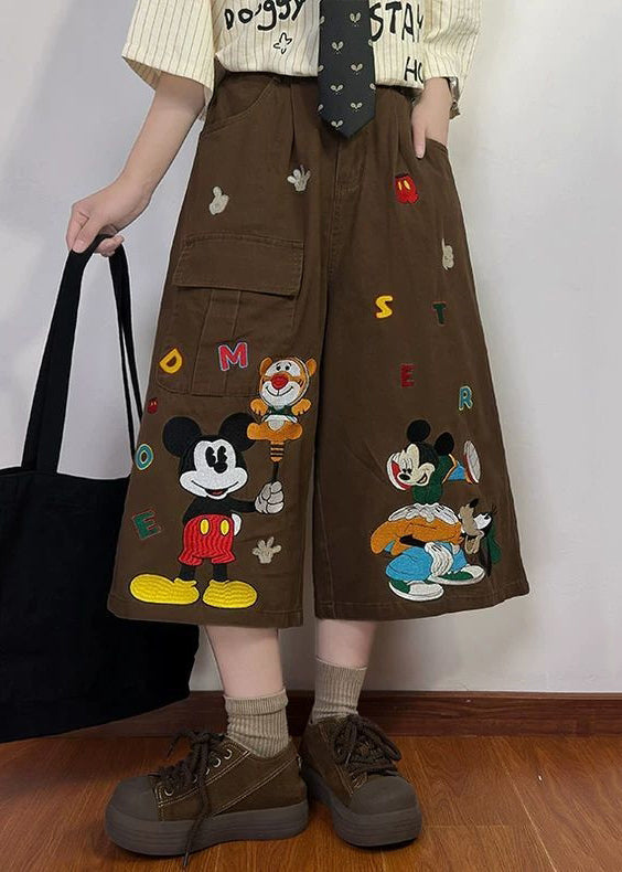 Print Summer New Coffee Pants Mens Denim Crop Cartoon Pockets