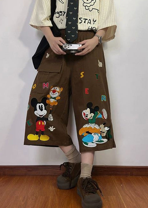 Print Summer New Coffee Pants Mens Denim Crop Cartoon Pockets