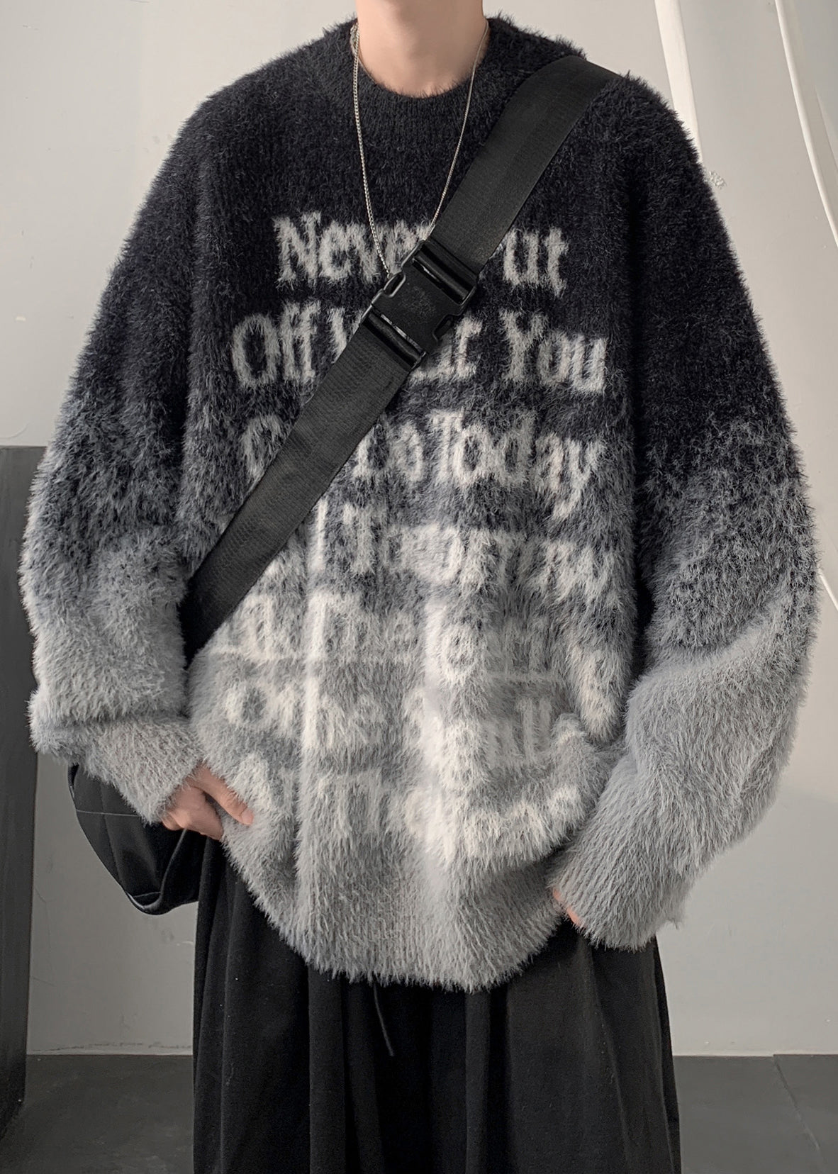 New Coffee Gradient Color Letter Mink Hair Knitted Men Sweaters Winter QF059