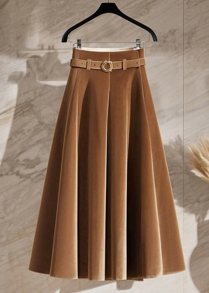 New Coffee High Waist Solid Silk Velvet Skirts Spring YW001