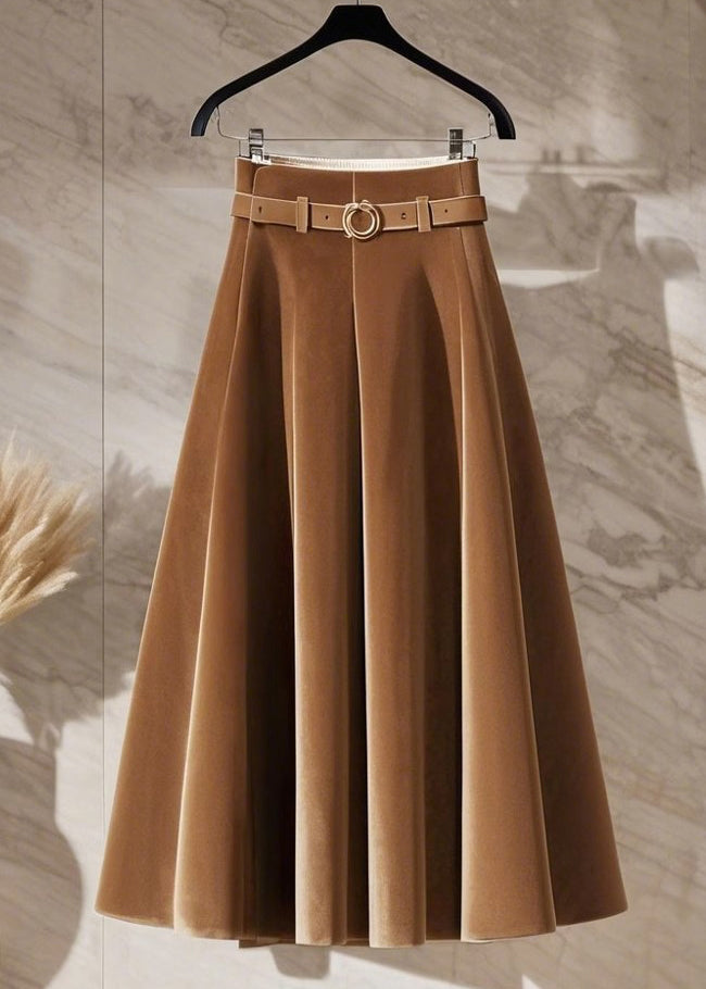 New Coffee High Waist Solid Silk Velvet Skirts Spring YW001