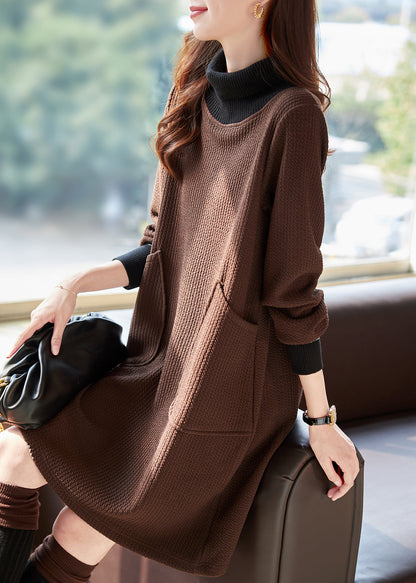 New Coffee Hign Neck Pockets Patchwork Warm Fleece Dresses Winter RL021