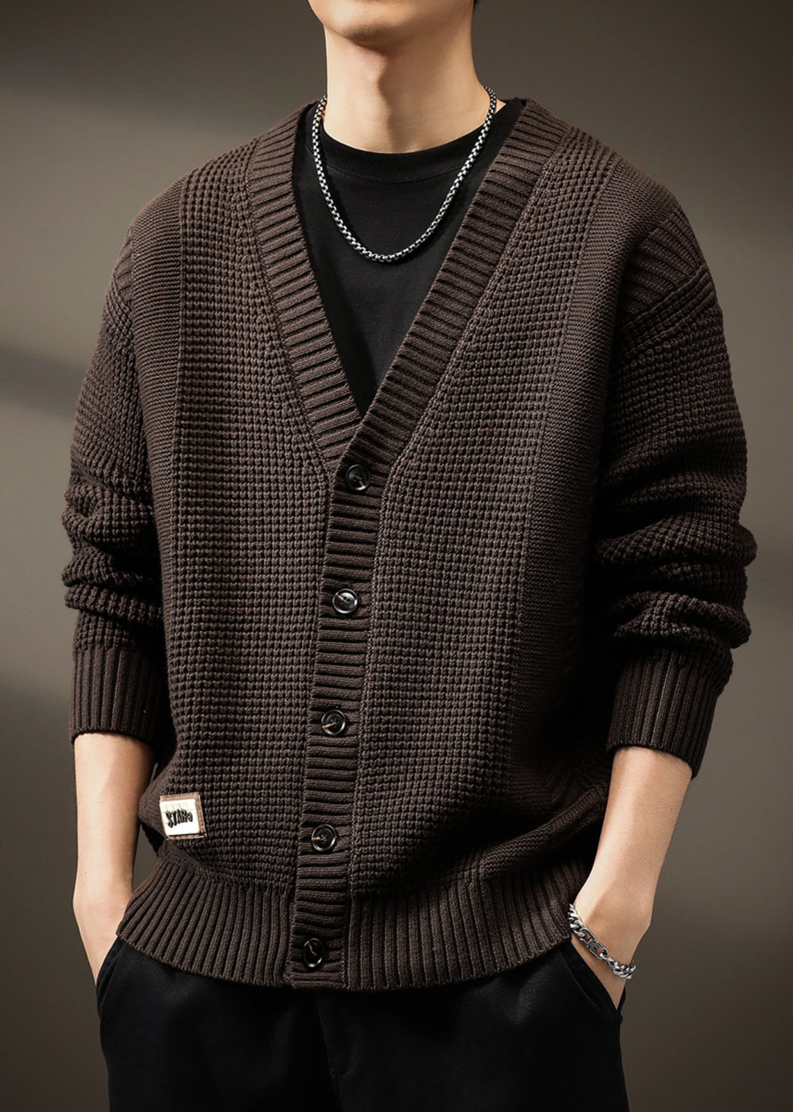 Men Solid Button Spring Neck New Coffee Cardigans V Knit