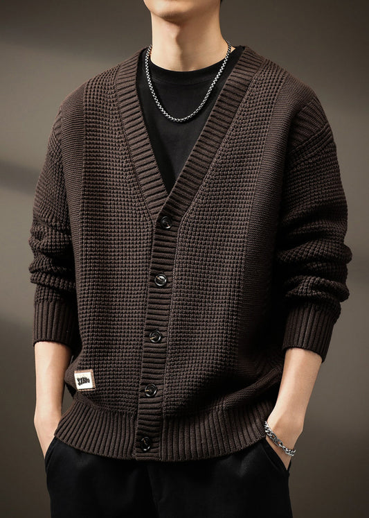 Men Solid Button Spring Neck New Coffee Cardigans V Knit