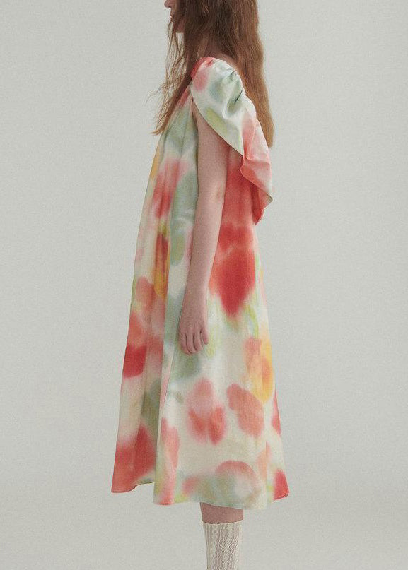 New Colorblock Ruffled Print Linen Dress Summer XX045
