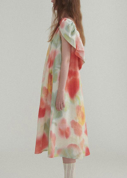 New Colorblock Ruffled Print Linen Dress Summer XX045