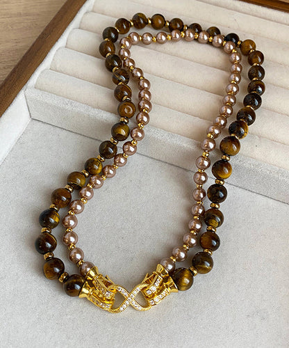 Double-Layer Bead Gratuated Pearl Necklace Tiger's-Eye Copper New