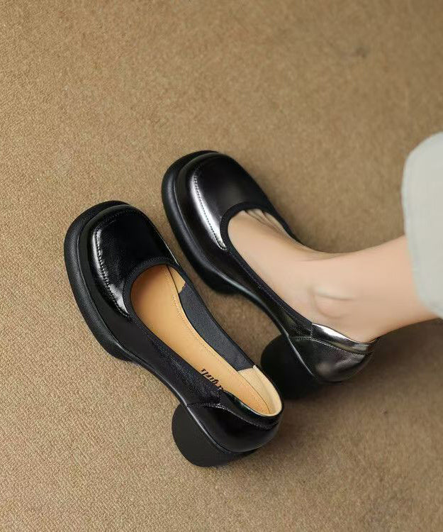 Grey New Leather Cowhide High Heel Chunky Heels Dark Splicing