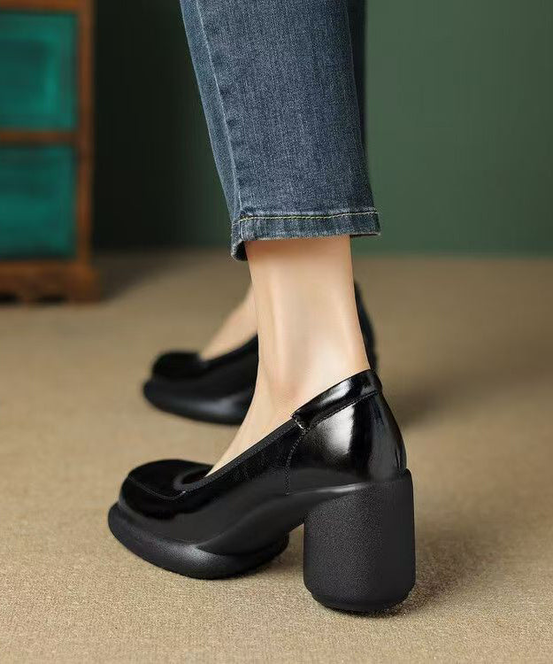 Dark Leather Heel Splicing High Cowhide Grey Heels New Chunky