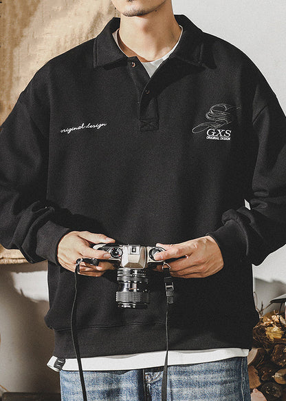 TC029 New Coffee Polo Cotton Dark Embroideried Sweatshirt Spring Button Men