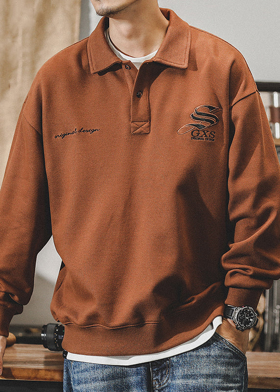 TC029 New Coffee Polo Cotton Dark Embroideried Sweatshirt Spring Button Men