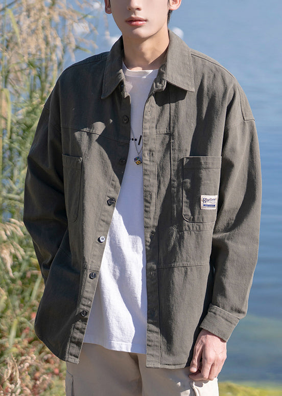 Peter Dark New Collar Gray Mens Button Cotton Pan Pockets Shirts