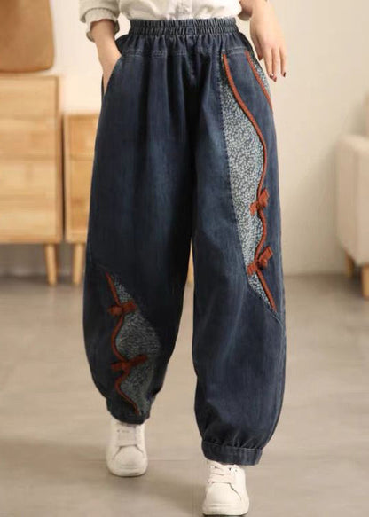 New Denim Blue Pockets Elastic Waist Patchwork Crop Pants Fall MN072